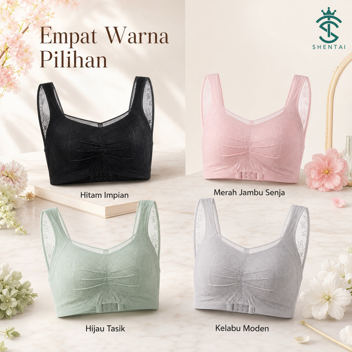 Bra Wanita Tali Lebar Gaya Bunga, 4 Warna 2403 – imej produk 5