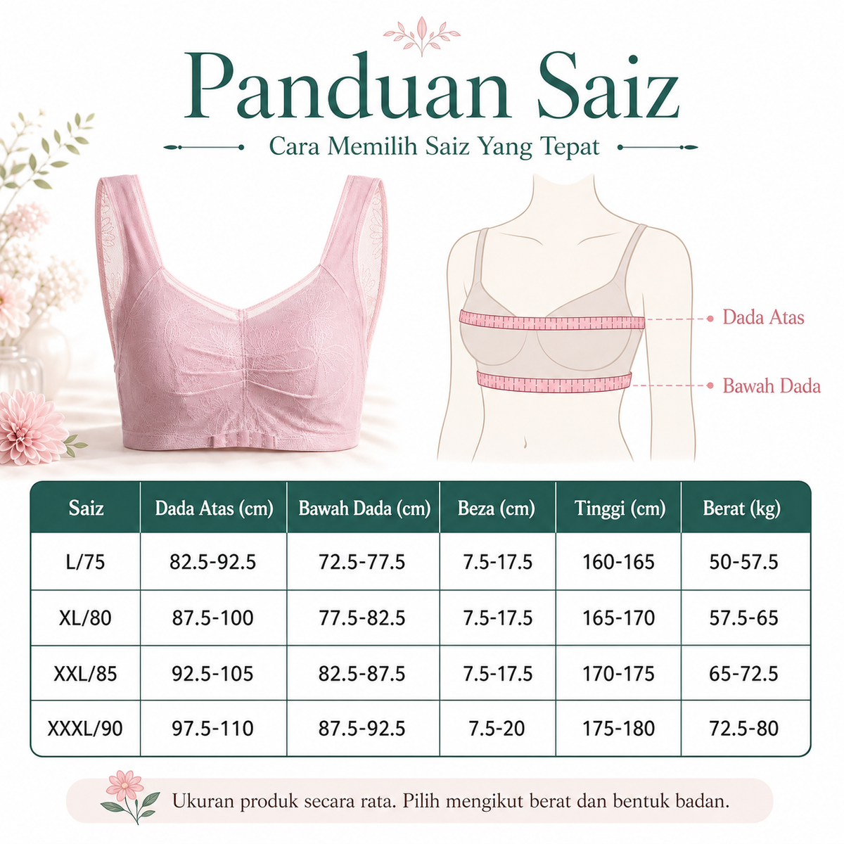 Bra Wanita Tali Lebar Gaya Bunga, 4 Warna 2403 – imej produk 9
