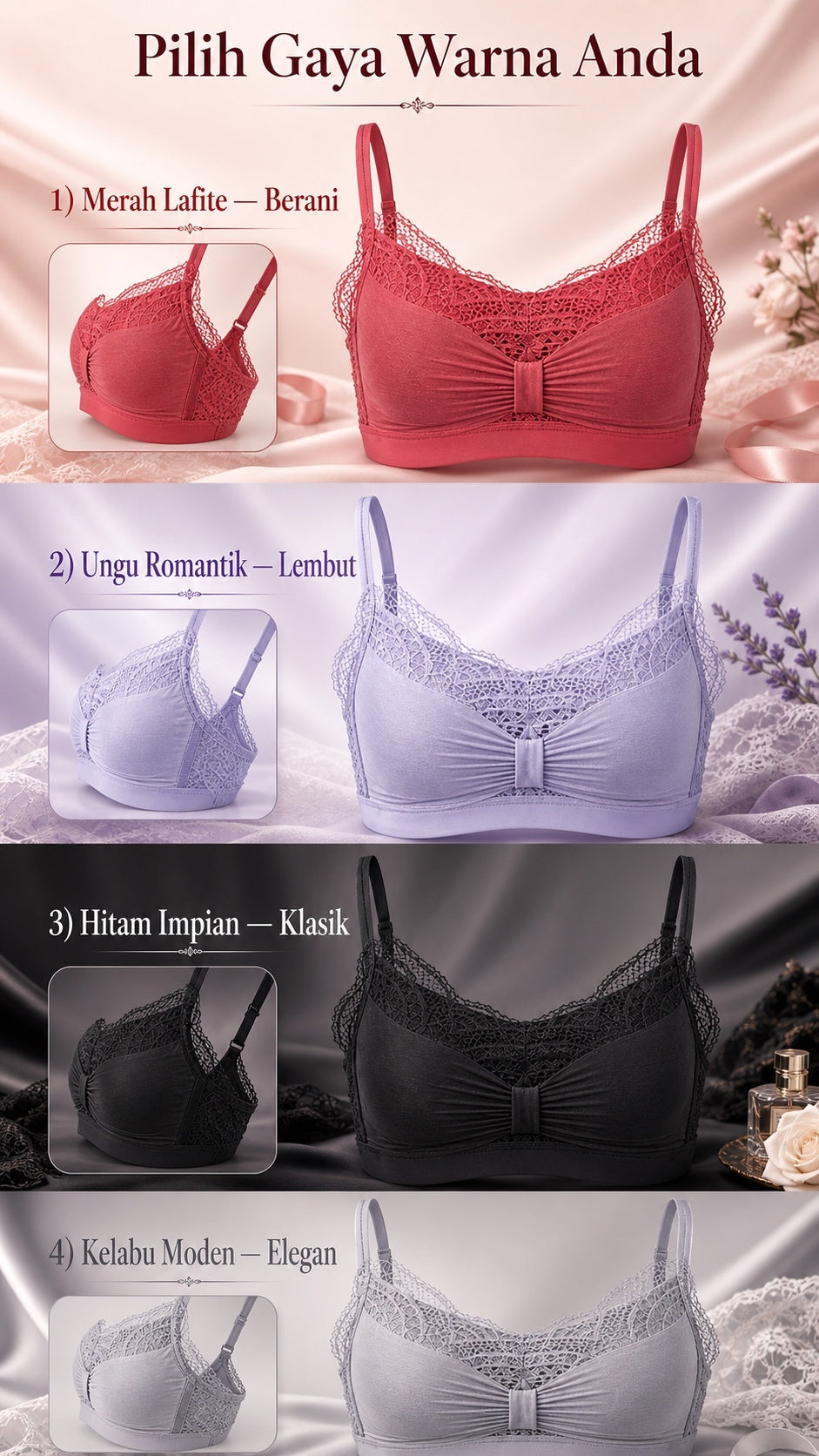 Bra Wanita 3/4 Cawan Gaya Rama-rama, 4 Warna 2401 – butiran produk 3