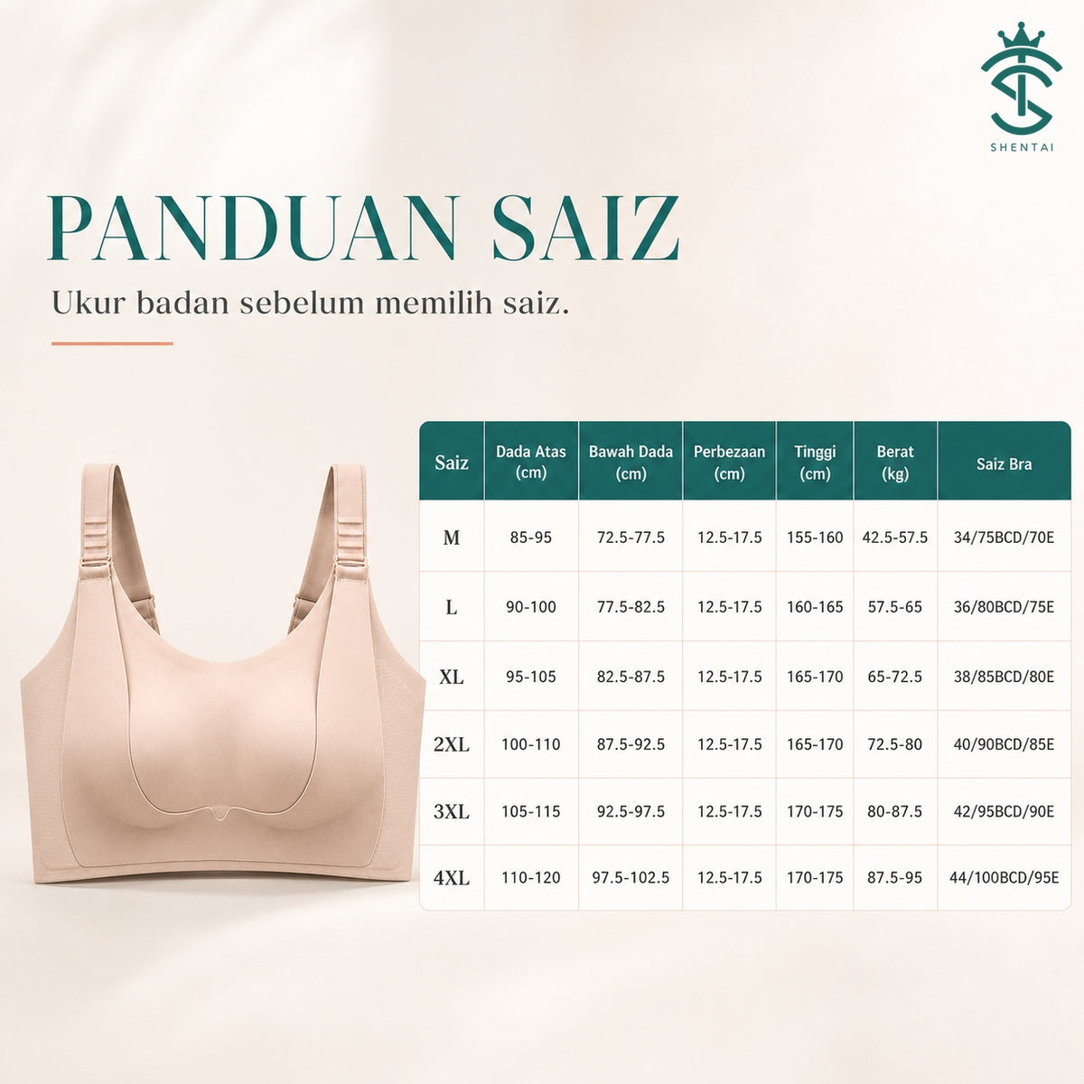 CurveLift Fuller-Bust Wireless Bra – 228, product-specific size guide in Bahasa Melayu