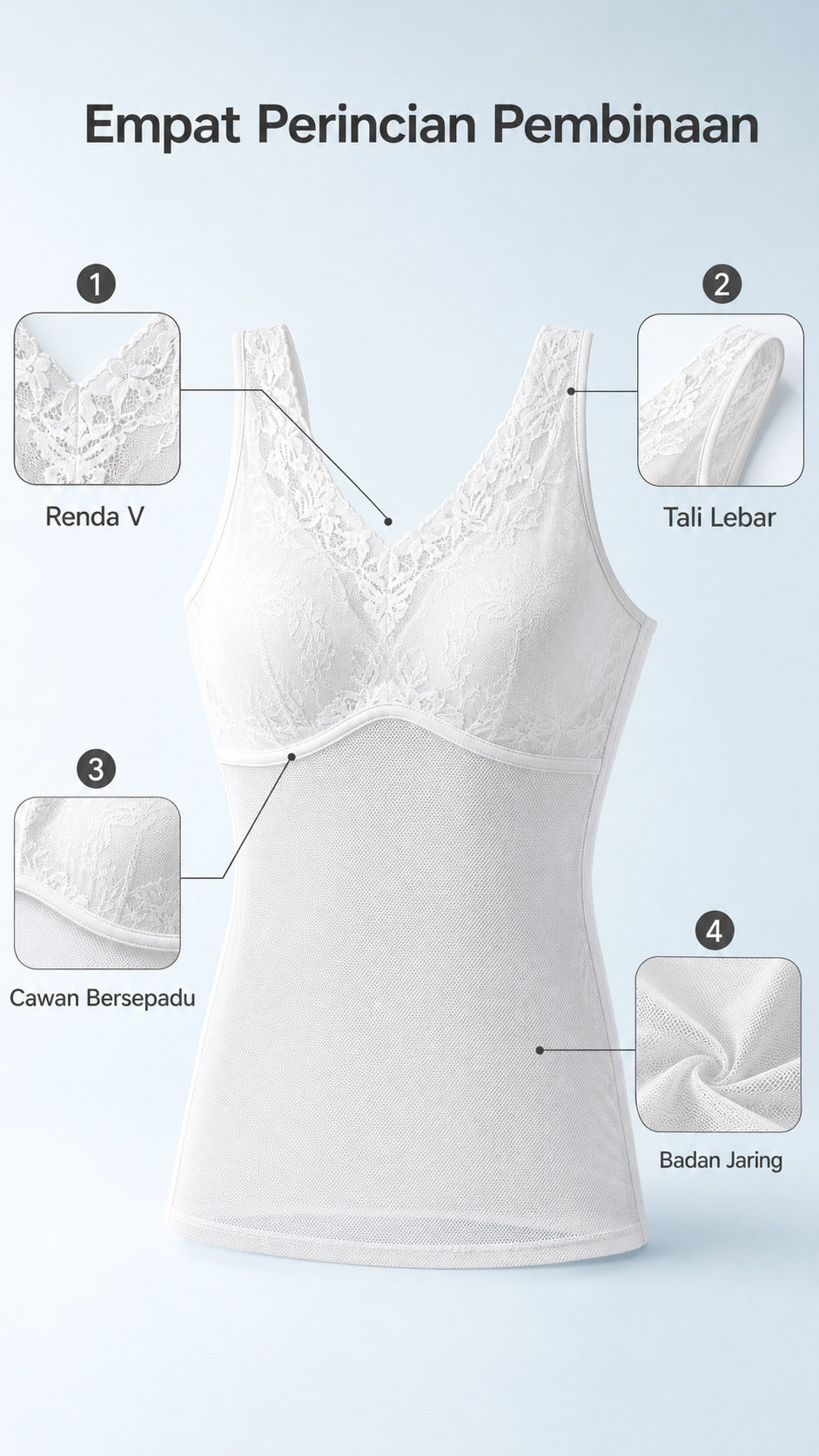 Kamisol Wanita Berpad Renda Tanpa Dawai, Vest Harian Selesa 2405 – butiran produk 3
