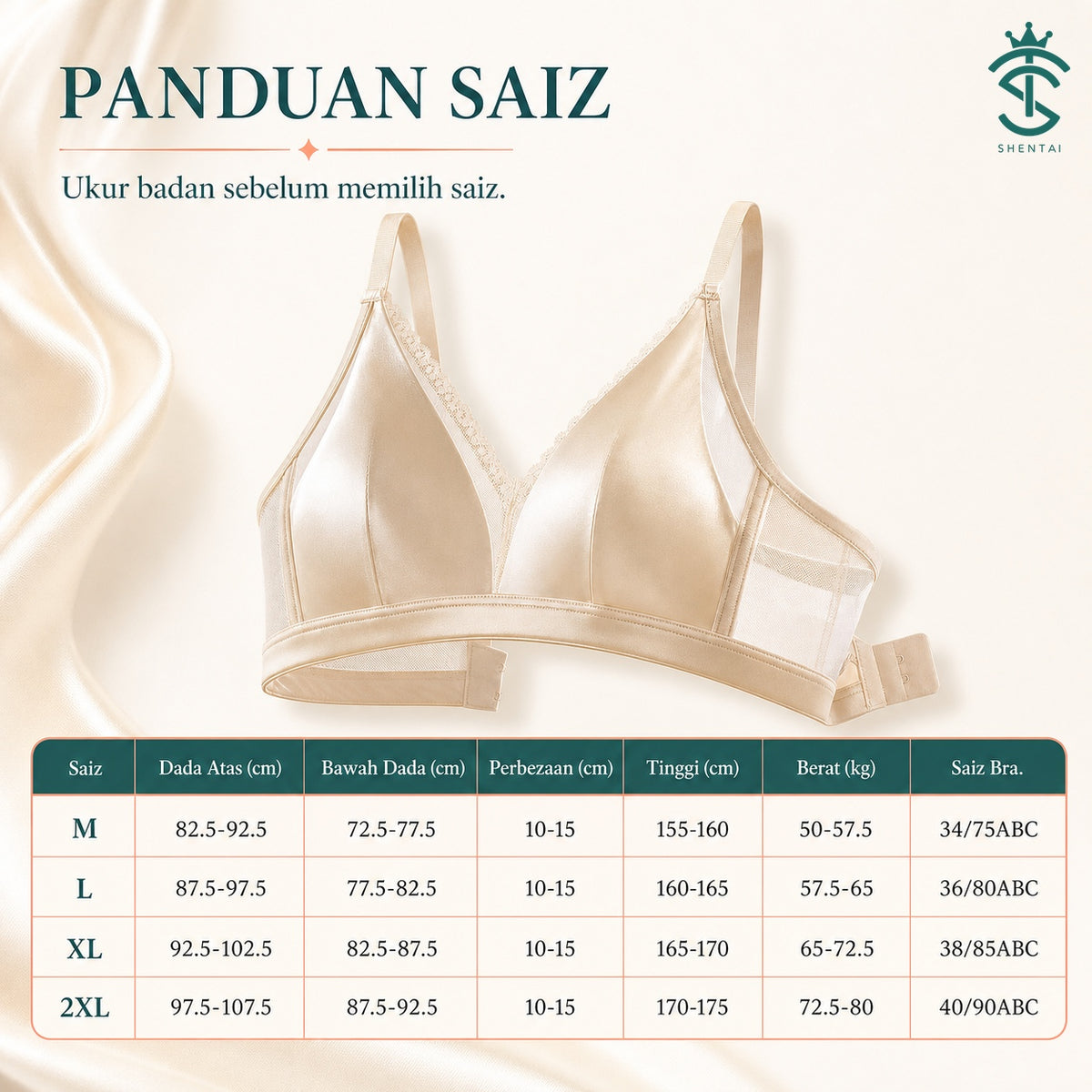 SatinTouch Wireless Bra – 2586, product-specific size guide in Bahasa Melayu