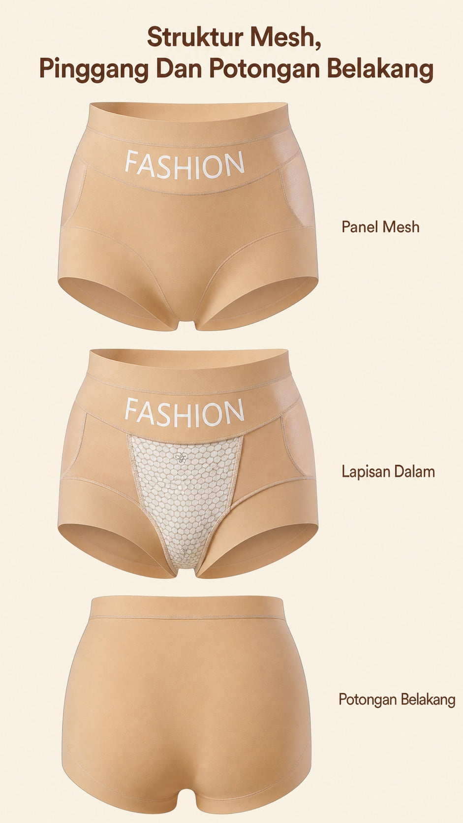 Seluar Dalam Wanita Pinggang Tinggi Panel Jaring, 6 Warna Selesa 663 – butiran produk 3