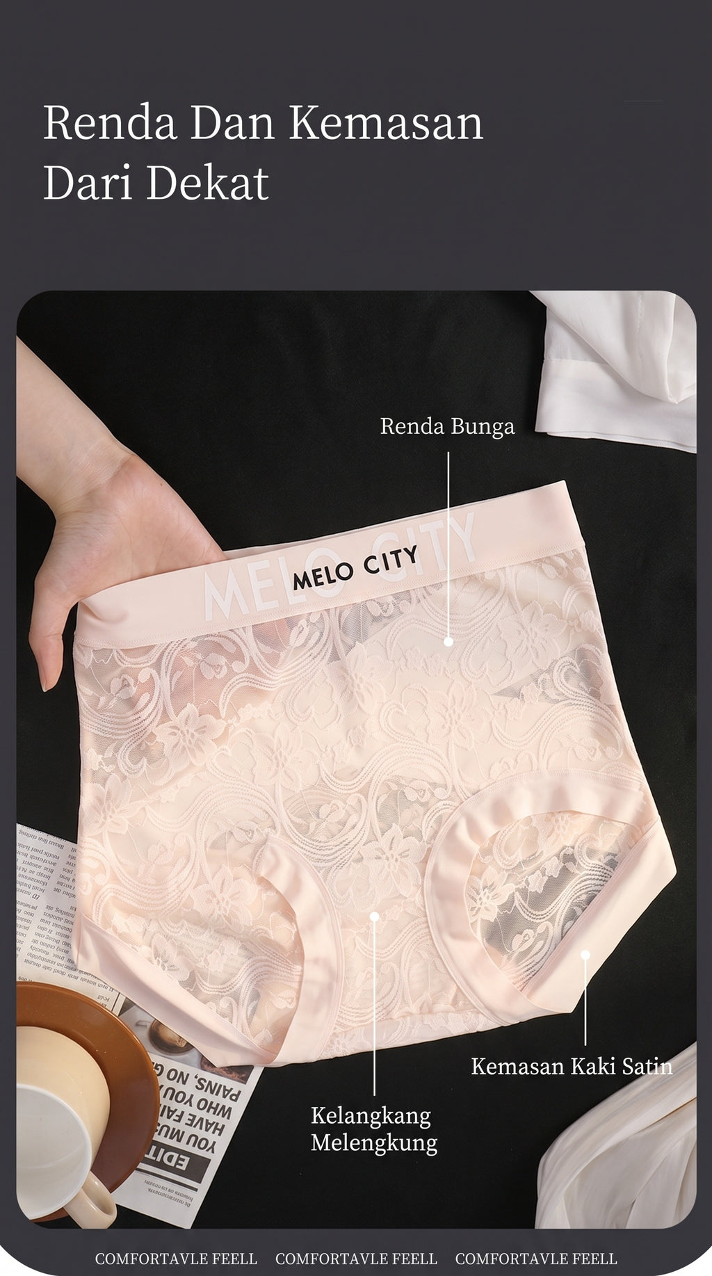 Seluar Dalam Wanita Renda Pinggang Tinggi, Sokongan Ringan 5 Warna 2890 – butiran produk 3