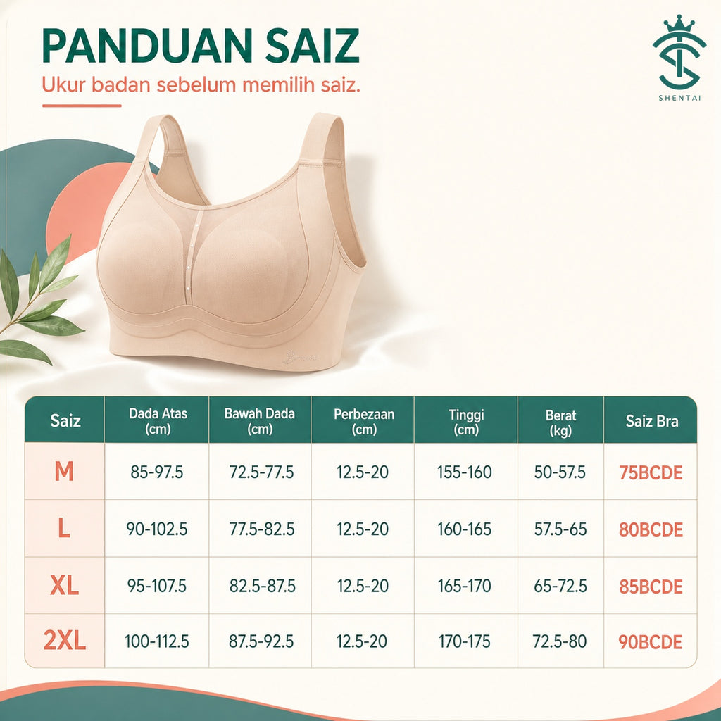 Soft-Shine Wide-Strap Wireless Bra – 8856, product-specific size guide in Bahasa Melayu