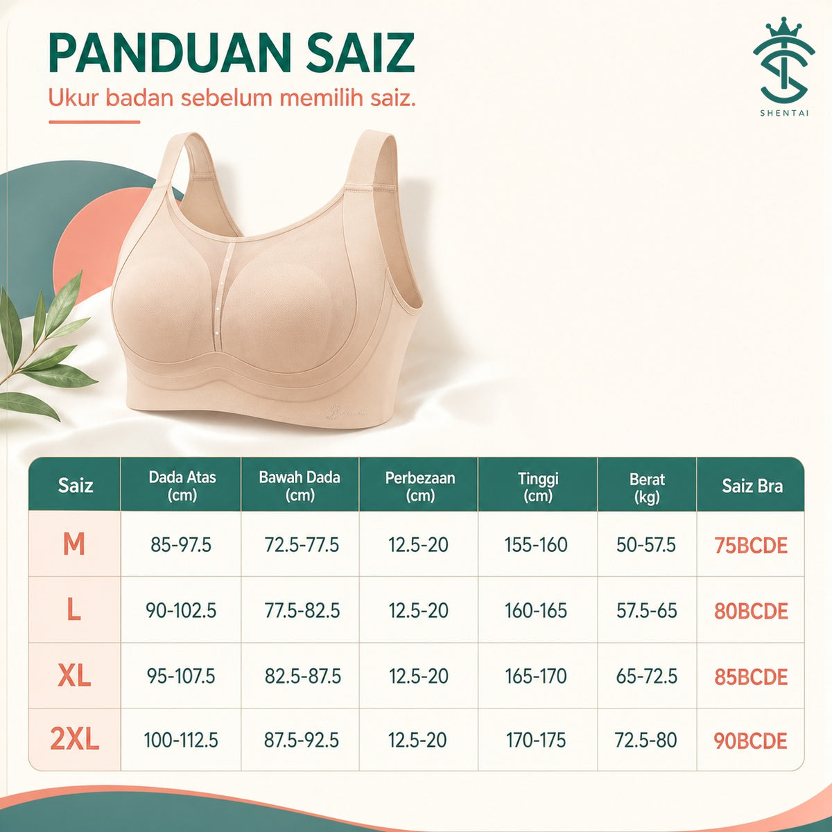 Soft-Shine Wide-Strap Wireless Bra – 8856, product-specific size guide in Bahasa Melayu