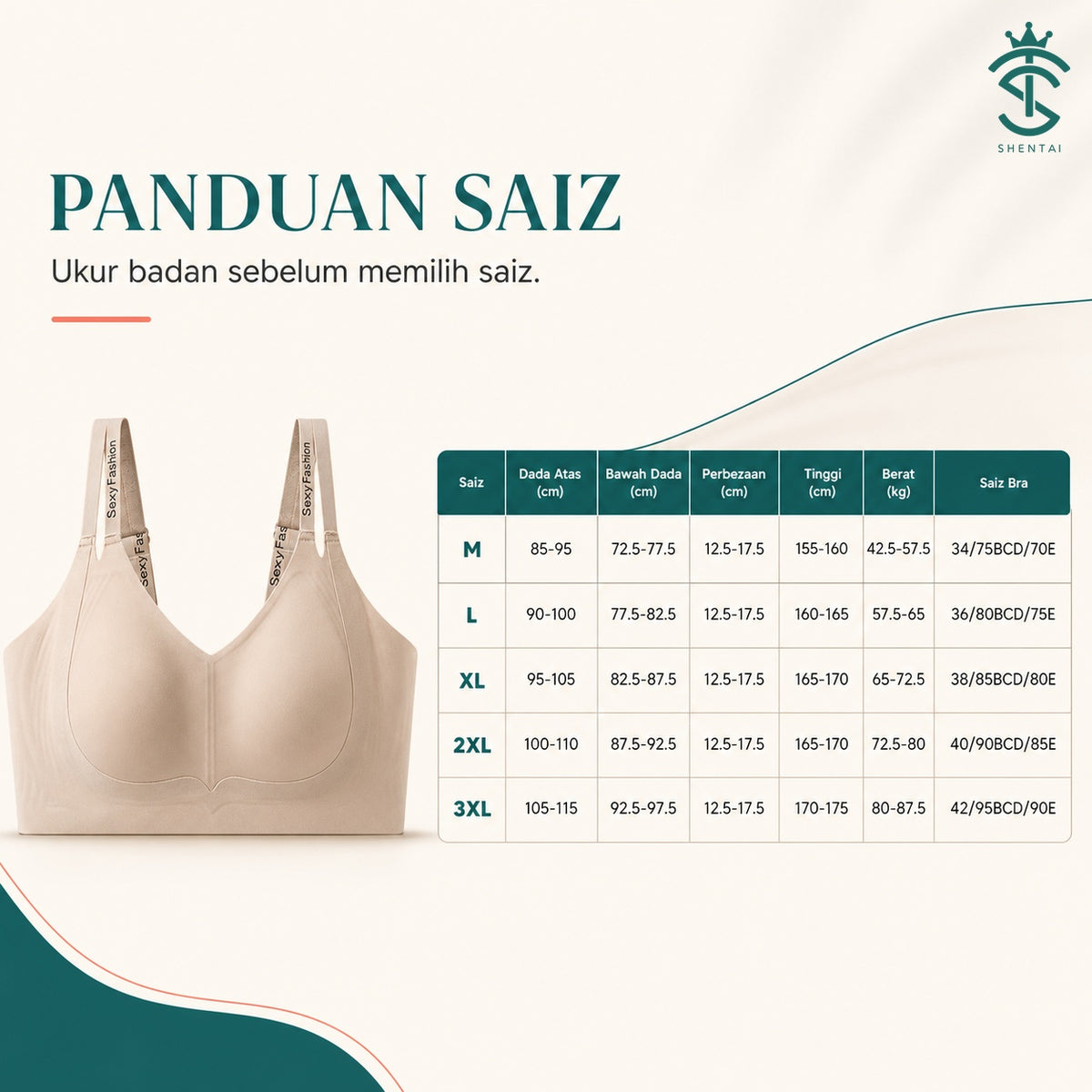 SoftForm Everyday Wireless Bra – 208, product-specific size guide in Bahasa Melayu
